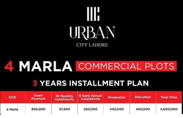 Urban City Lahore 4m Commercial Plot Payment Plan