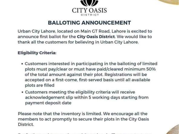 Urban City Lahore Balloting Announcement